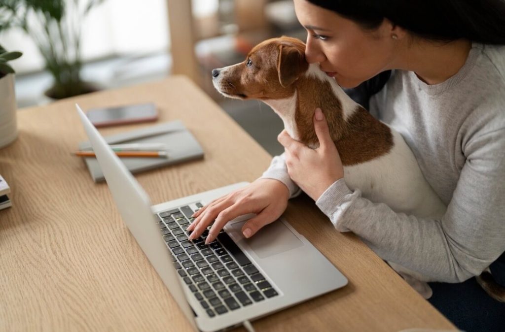 perro con dueña en el ordenador